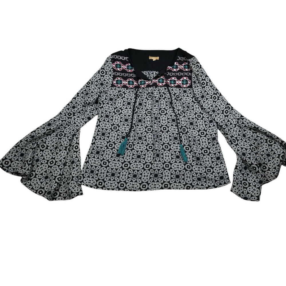 Takara Top Women's XL Black Tunic Embroidered Floral Bell Sleeve Boho